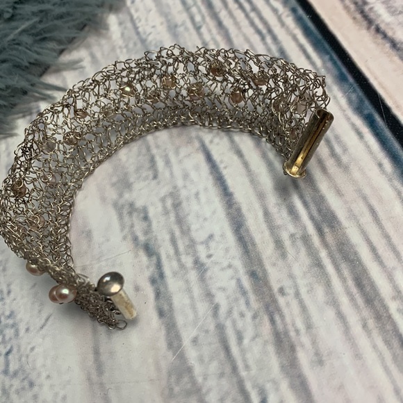 Silver 925 Stamped Wire Wrapping Bracelet with Pearls and Stone Beads - Picture 2 of 3